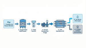 Diagram alur cara kerja mesin reverse osmosis air payau mengubah air asin menjadi tawar.