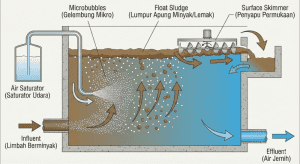 Diagram cara kerja sistem DAF Dissolved Air Flotation untuk memisahkan minyak dan lemak limbah industri.