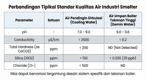 Tabel perbandingan persyaratan kualitas air yang drastis antara sistem pendingin sirkulasi dan air umpan boiler bertekanan tinggi.
