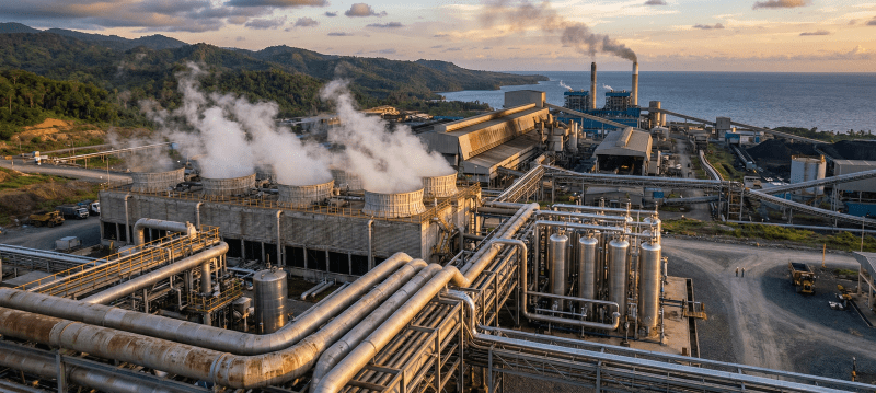 Kompleks Water Treatment Smelter Sulawesi dengan sistem pendingin dan SWRO di kawasan industri nikel Konawe Kendari.