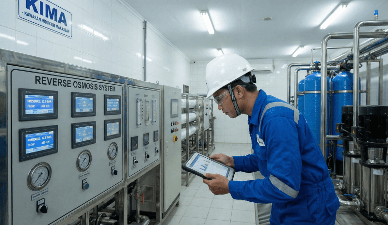 Teknisi PT Mizui Osmosa sedang melakukan jasa maintenance WTP Makassar di pabrik kawasan industri KIMA, memeriksa panel kontrol sistem RO.