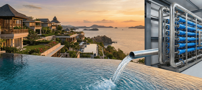 Resort mewah di Labuan Bajo dengan sistem desalinasi air laut SWRO modern yang terintegrasi saat matahari terbenam.