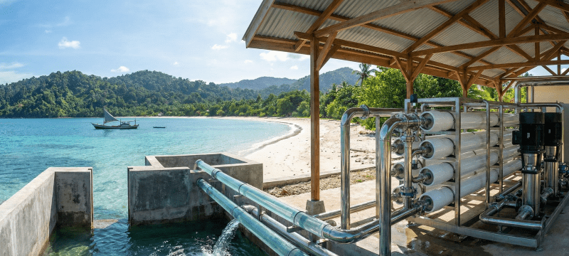 Sistem Desalinasi Air Laut SWRO modern beroperasi di pulau tropis Maluku dekat pantai Ambon.