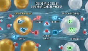 Ilustrasi mikroskopis mekanisme pertukaran ion (ion exchange) di mana butiran resin kation dan anion menangkap mineral terlarut seperti Kalsium dan Klorida untuk menghasilkan air murni.
