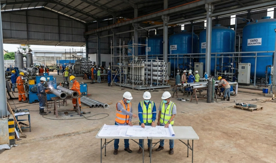 Image of an industrial water treatment facility project demonstrating the comprehensive services of PT Mizui Osmosa Teknovasi, covering the full EPC (Engineering, Procurement, Construction) project cycle from technical consultation, design, and fabrication to installation for solutions such as Seawater Desalination (SWRO) and Wastewater Treatment Plants (WWTP)