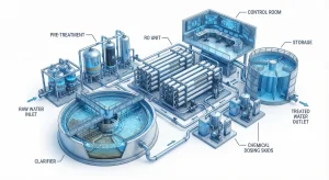 Ilustrasi isometrik 3D detail dari sistem water treatment plant industri lengkap dengan unit Reverse Osmosis, tangki klarifikasi, dan sistem dosing kimia