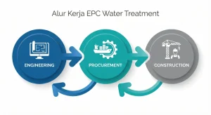 Infografis diagram alur kerja Engineering Procurement dan Construction (EPC) dalam proyek water treatment yang menunjukkan integrasi desain, pengadaan, dan konstruksi