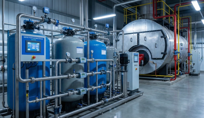 Industrial Boiler Water Demineralization Tank System with Stainless Steel Piping in a Factory Utility Room by PT Mizui Osmosa Teknovasi