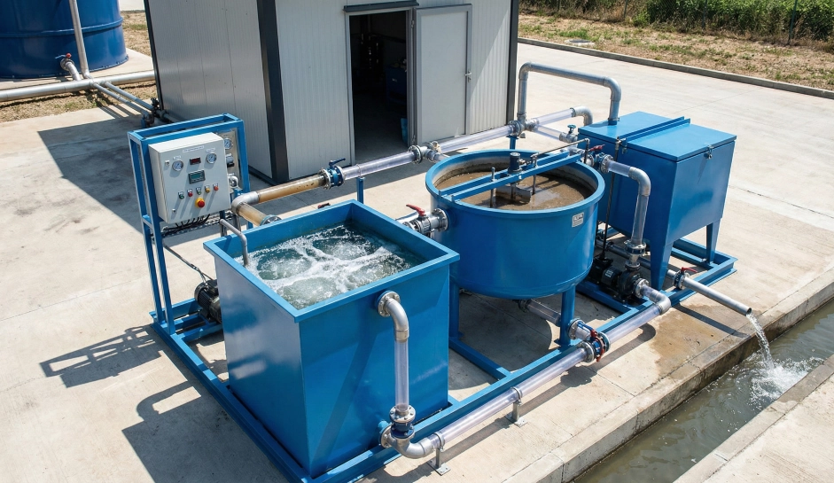 Fasilitas pengolahan air industri skala besar dengan tangki filtrasi biru dan jaringan perpipaan kompleks, menunjukkan layanan EPC lengkap