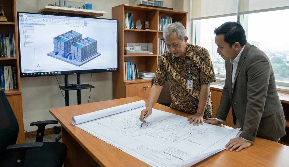 Tim engineer sedang melakukan diskusi teknis meninjau blueprint diagram P&ID dan layout sistem pengolahan air di lokasi proyek