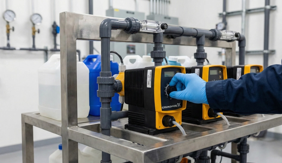 Skid struktur baja untuk sistem injeksi kimia (Chemical Dosing System) dan area operasional maintenance water treatment