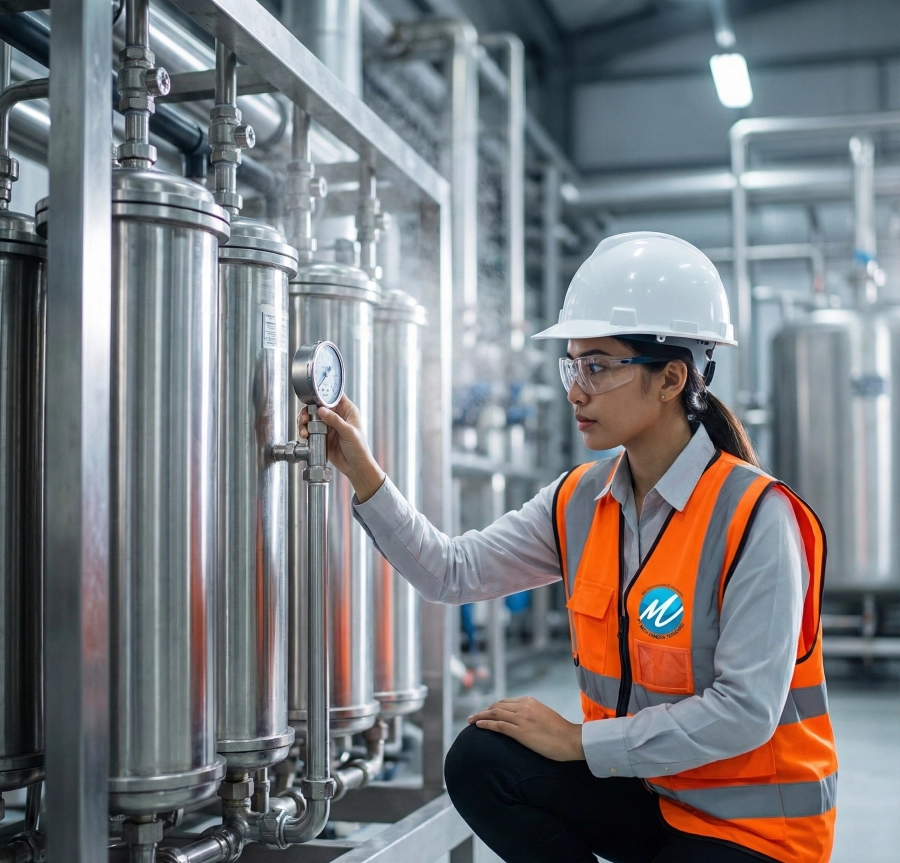 PT Mizui Osmosa engineer performing inspection before industrial RO membrane cleaning service