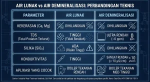 Tabel perbandingan teknis antara Air Lunak (Soft Water) dan Air Demineralisasi berdasarkan parameter TDS, Konduktivitas, dan Silika untuk keamanan boiler tekanan tinggi