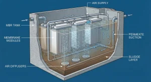 Diagram alur proses sistem water treatment industri terintegrasi dari intake hingga air produk
