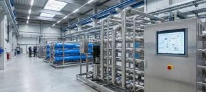 RO membrane modules in an industrial water treatment system for water purification.
