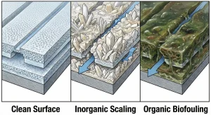Visual comparison between scaling and biofouling on RO membrane surface
