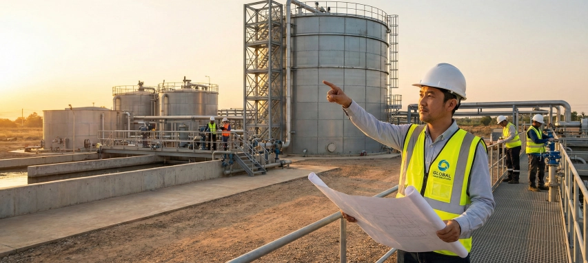 The Senior Project Director of PT Mizui Osmosa Teknovasi reviewing blueprints at a construction site, embodying the professionalism of a trusted EPC water treatment company