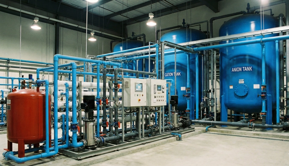 Sistem Demineralisasi Industri dan Pelunakan Air (Softener) yang terdiri dari tangki anion dan kation besar, tangki kimia, dan jaringan perpipaan. Sistem ini dirancang untuk menghasilkan air umpan boiler berkualitas tinggi