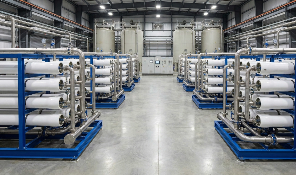 Instalasi sistem Reverse Osmosis Air Laut (SWRO) dengan perpipaan tekanan tinggi dan membran vessel untuk desalinasi air laut menjadi air tawar