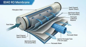 Ilustrasi potongan melintang (cross-section) struktur lapisan dalam membran RO 8040 industri