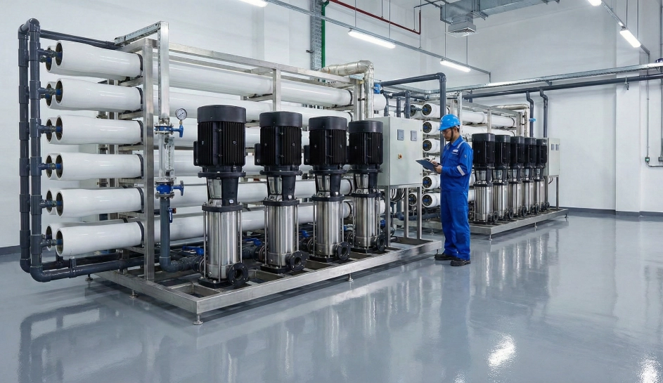 Unit skid Brackish Water Reverse Osmosis (BWRO) industri dengan susunan membran vertikal/horizontal untuk menyaring air payau