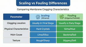 Comparison table of the differences between mineral scaling and organic fouling on RO membranes.