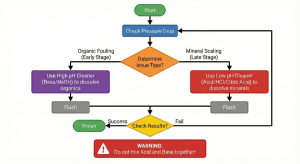 Flowchart of RO membrane diagnosis and cleaning steps based on the blockage location.