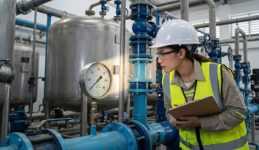 An engineer checking the pressure on a clogged RO membrane in an industrial plant.