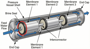 Schematic diagram of how to install a reverse osmosis membrane and the position of the brine seal inside a pressure vessel.
