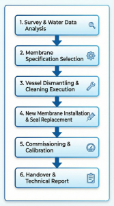 Workflow of RO membrane replacement services from survey to commissioning at Mizui Osmosa.