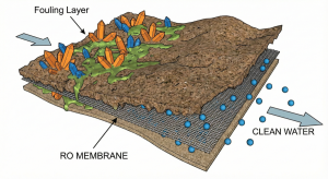 Illustration of RO membrane cross-section clogged by fouling and scaling