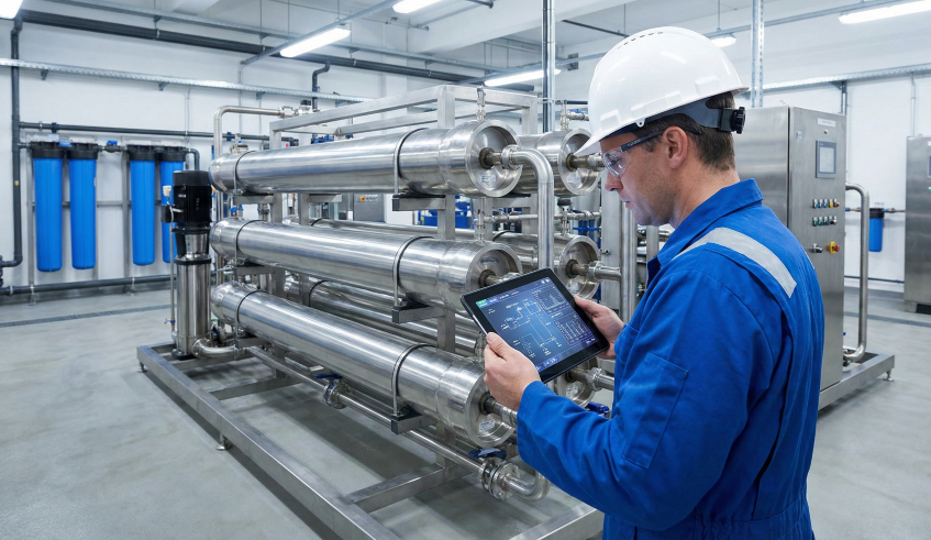 Technicians conduct an inspection for the industrial RO membrane cleaning service.