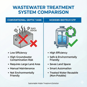 Comparison table of conventional septic tank vs. modern Biotech STP.