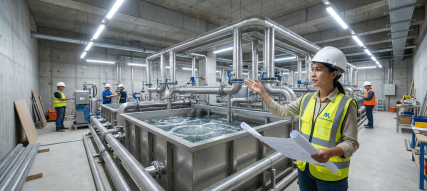 Professional STP contractor inspecting the wastewater treatment system in a high-rise building.