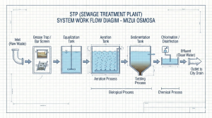 Flow diagram of the STP wastewater treatment process from inlet to outlet.