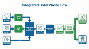 Flow diagram of the integrated hotel wastewater system from the kitchen grease trap to the water recycling process.