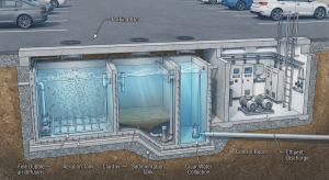 Technical design illustration of a space-saving underground hotel STP built under the parking area with extended aeration technology.