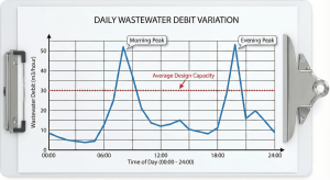 Apartment wastewater flow fluctuation graph during morning and evening peak hours.