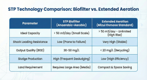 Comparison table of Biofilter vs Extended Aeration STP for apartments