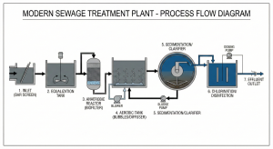 Process flow diagram of a domestic wastewater treatment Anaerobic-Aerobic STP system.