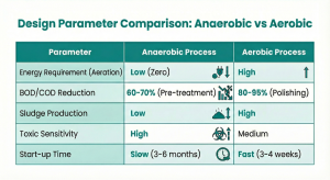 Comparison table of anaerobic and aerobic process design parameters in an STP.