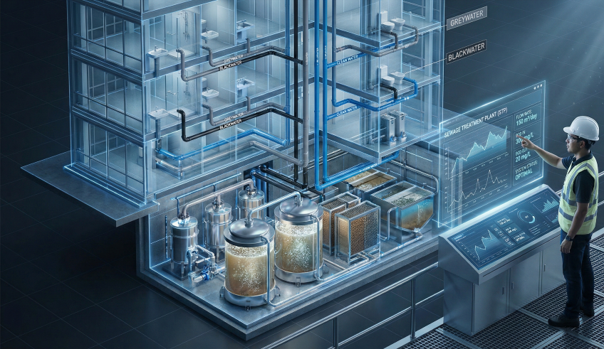 Isometric diagram of a high-rise building domestic wastewater treatment system with piping and STP details.