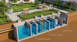 Illustration of an underground WWTP design beneath a lush and odorless hospital garden.