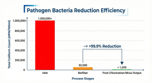 Graph of pathogenic bacteria reduction efficiency in the Mizui Osmosa WWTP system.
