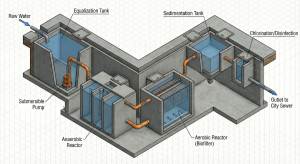 Process flow diagram of compact and space-saving Anaerobic-Aerobic Biofilter WWTP technology for hospitals.