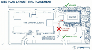 Illustration of the WWTP unit placement layout in the limited rear area of a Type C hospital so as not to disrupt the service flow.