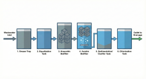 Public Health Center Anaerobic Aerobic Biofilter WWTP Process Flow Diagram