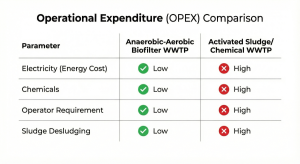 Operational cost comparison table of Biofilter WWTP vs Conventional WWTP