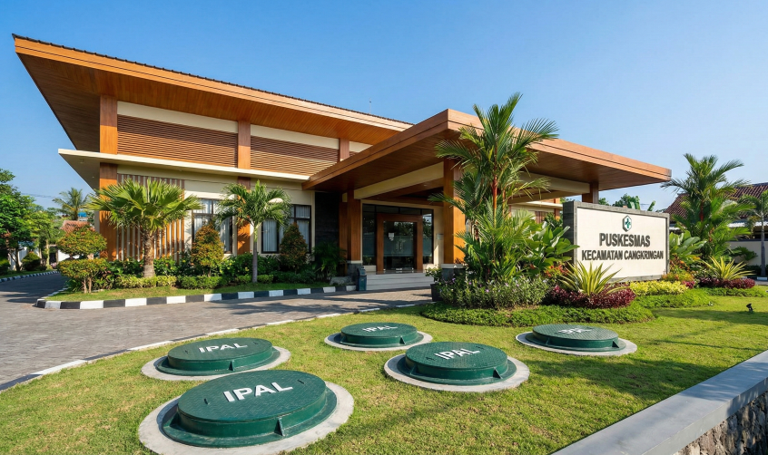 Modern and well-maintained public health center biofilter WWTP technology facility in the public health center garden