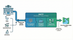 Infographic of the medical liquid waste life cycle from hospital sources through the WWTP to the receiving water body.